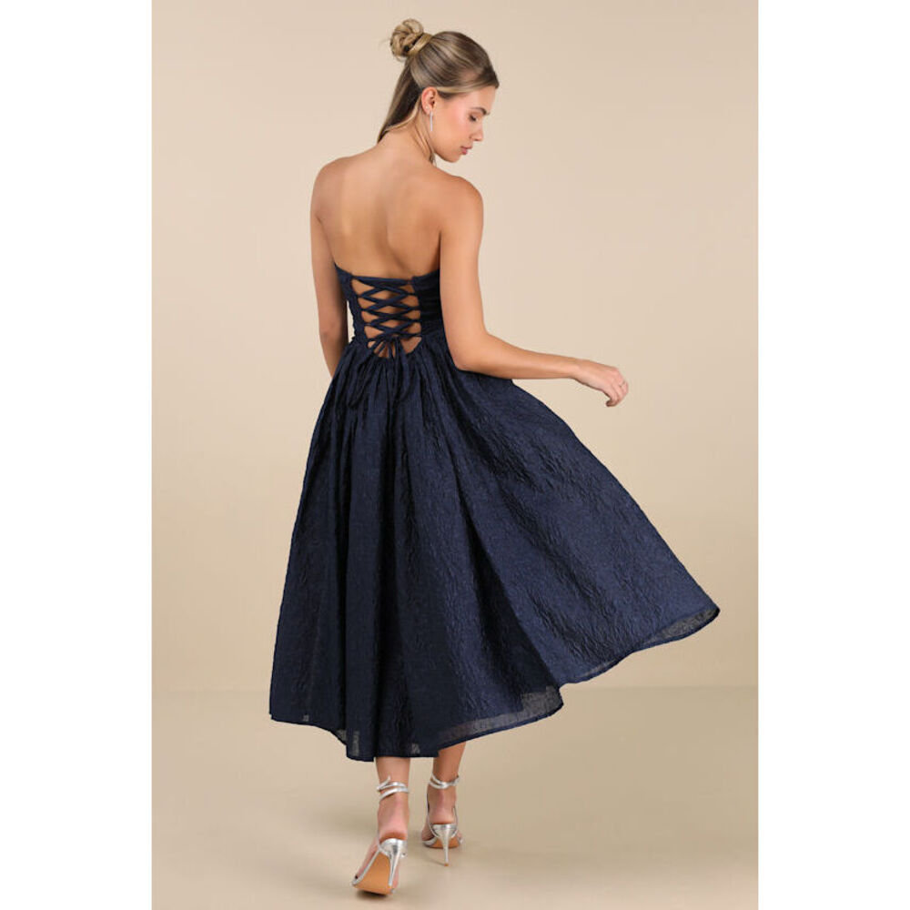 Lulus Analeia Dark Navy Jacquard Lace-up Strapless Midi Dress Blue - Size XL